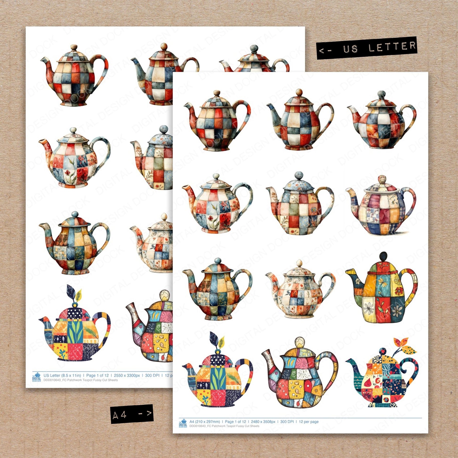 A4 and US Letter format comparison showing Patchwork Teapot fussy cut pages for print and cut crafting