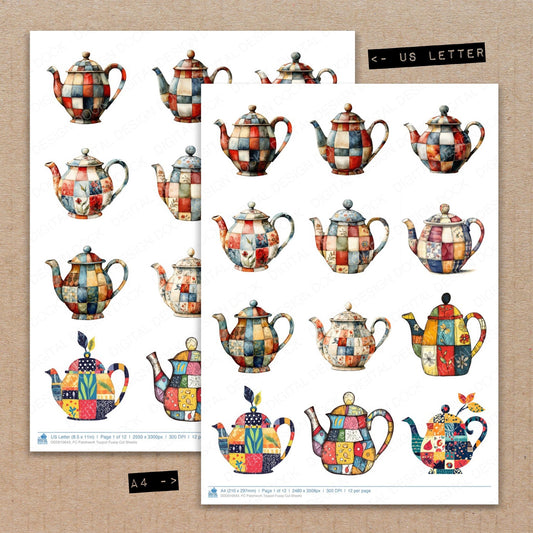 A4 and US Letter format comparison showing Patchwork Teapot fussy cut pages for print and cut crafting