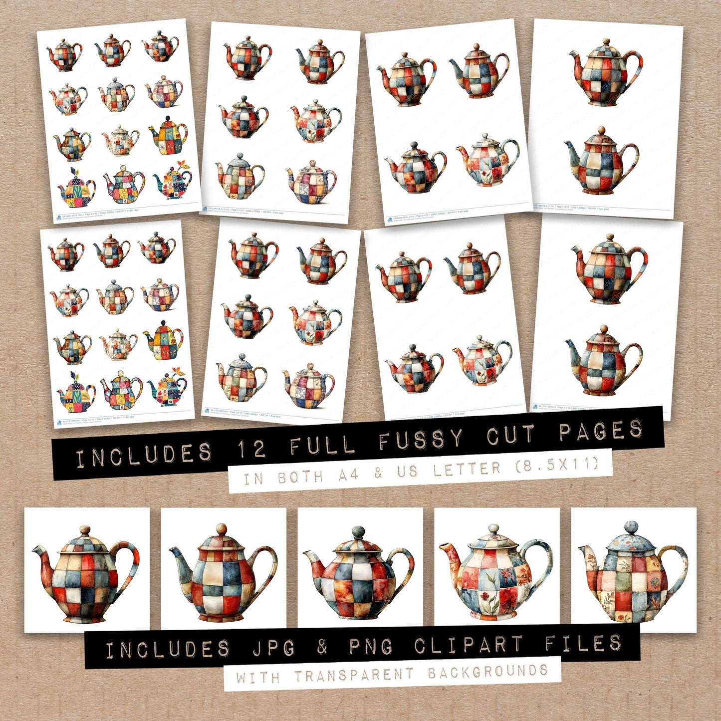 Full collection view of Patchwork Teapot fussy cut sheets with bonus clipart JPG and PNG files