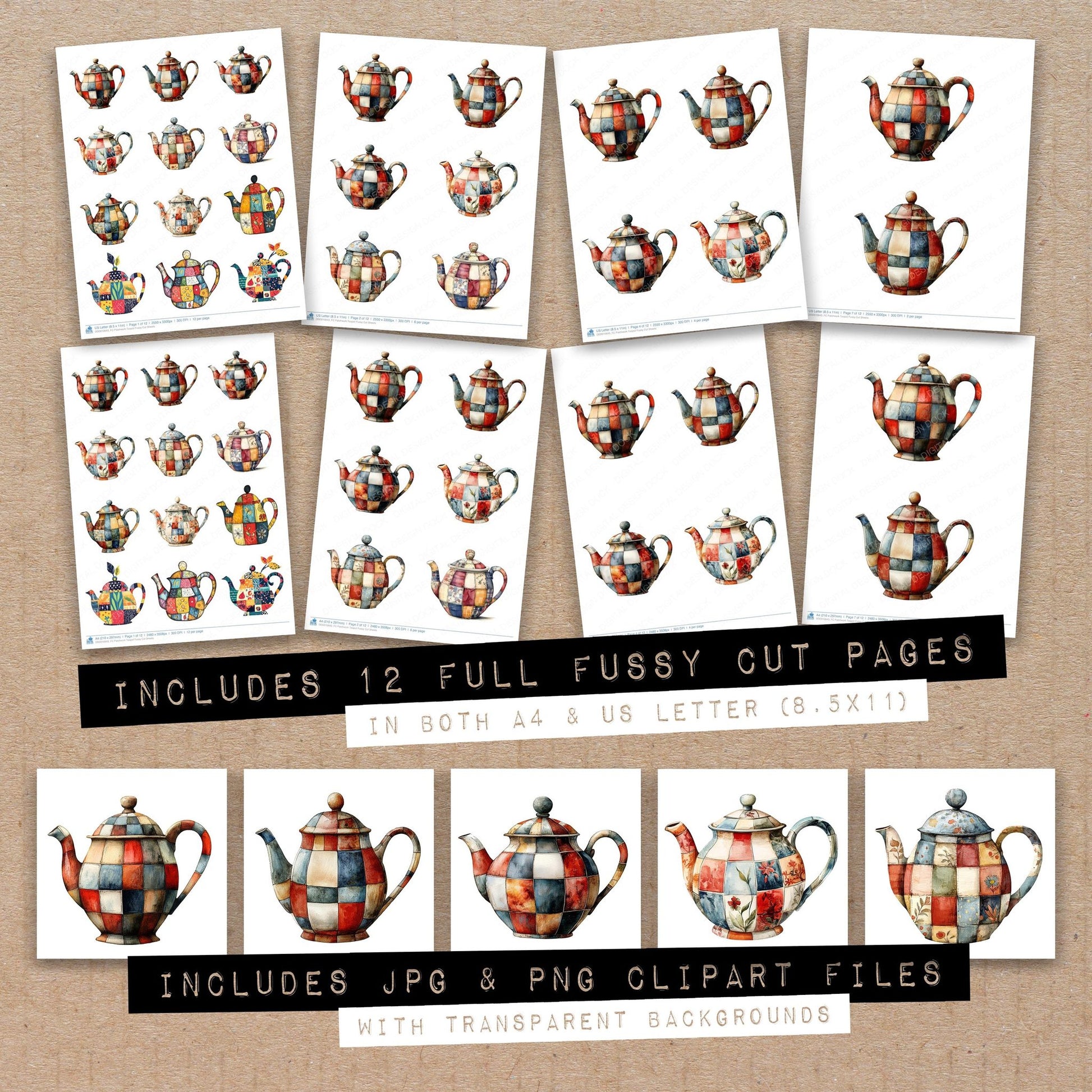 Full collection view of Patchwork Teapot fussy cut sheets with bonus clipart JPG and PNG files