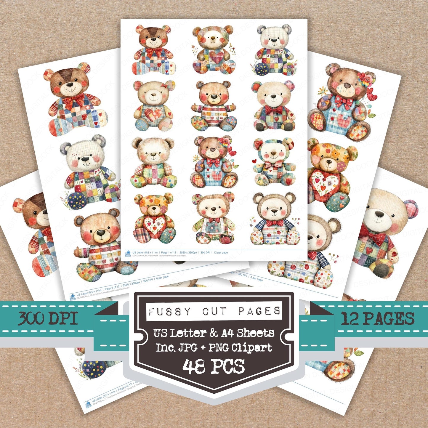 Patchwork Teddybear fussy cut printable sheets for junk journaling, scrapbooking, and paper craft projects