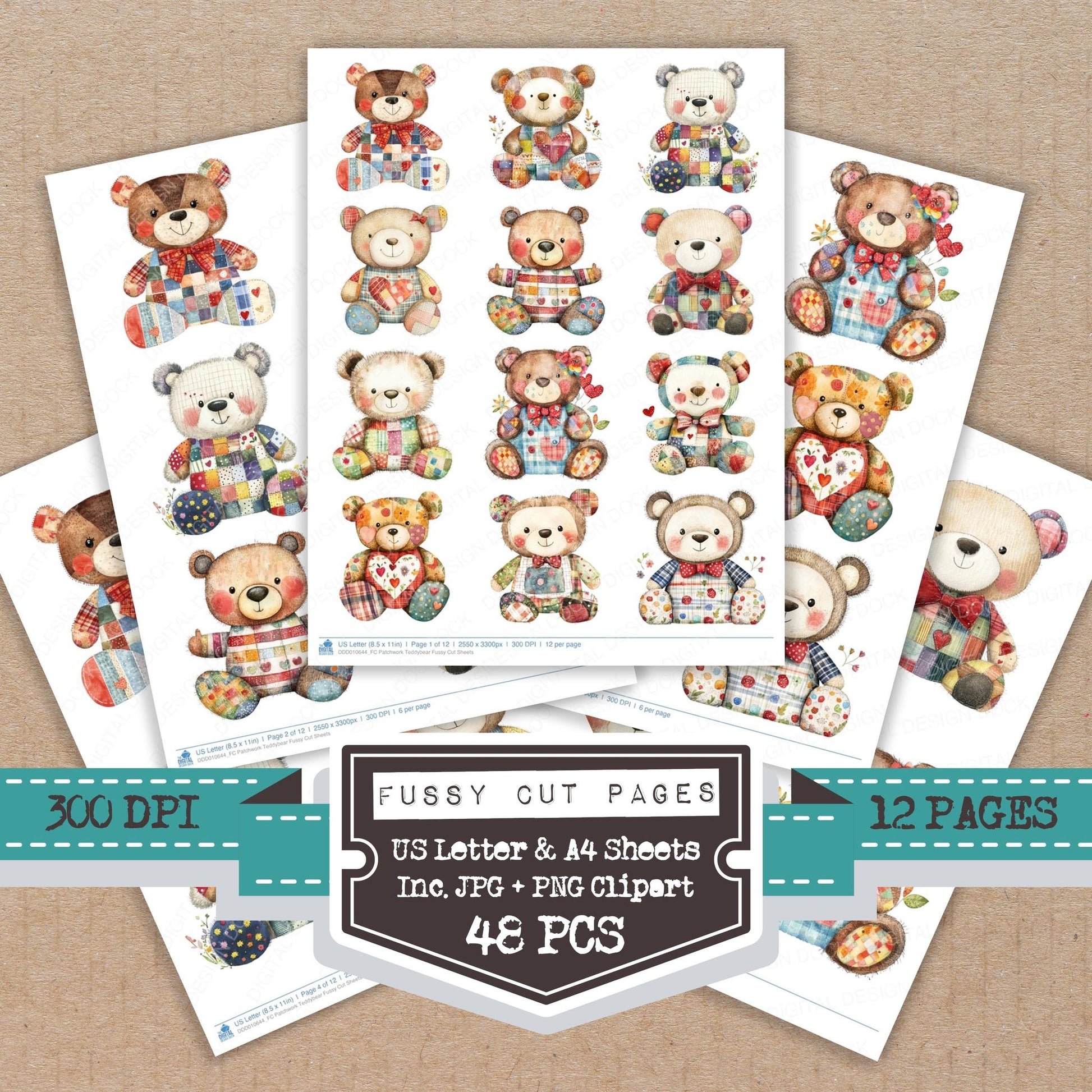 Patchwork Teddybear fussy cut printable sheets for junk journaling, scrapbooking, and paper craft projects