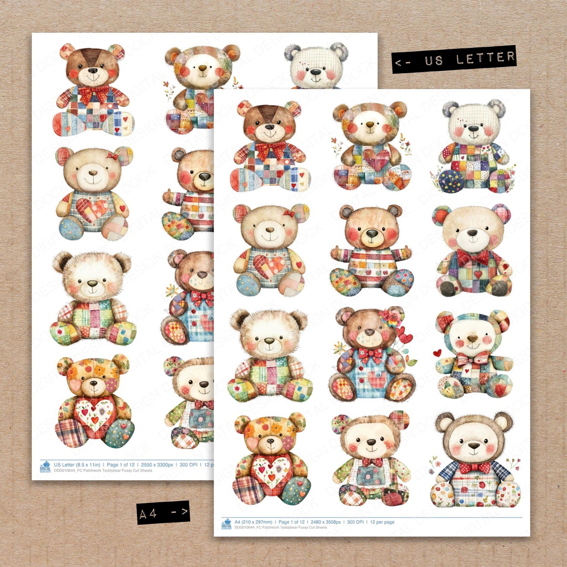 A4 and US Letter format comparison showing Patchwork Teddybear fussy cut pages for print and cut crafting