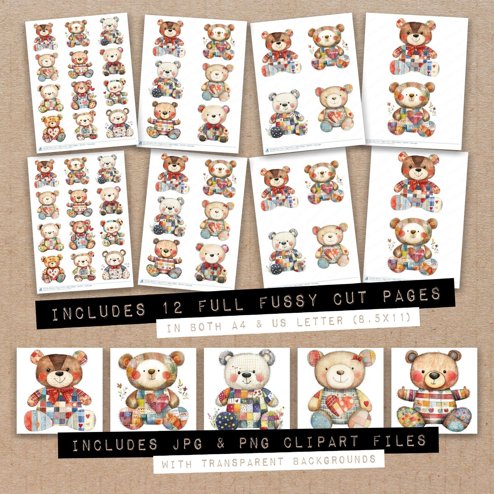 Full collection view of Patchwork Teddybear fussy cut sheets with bonus clipart JPG and PNG files