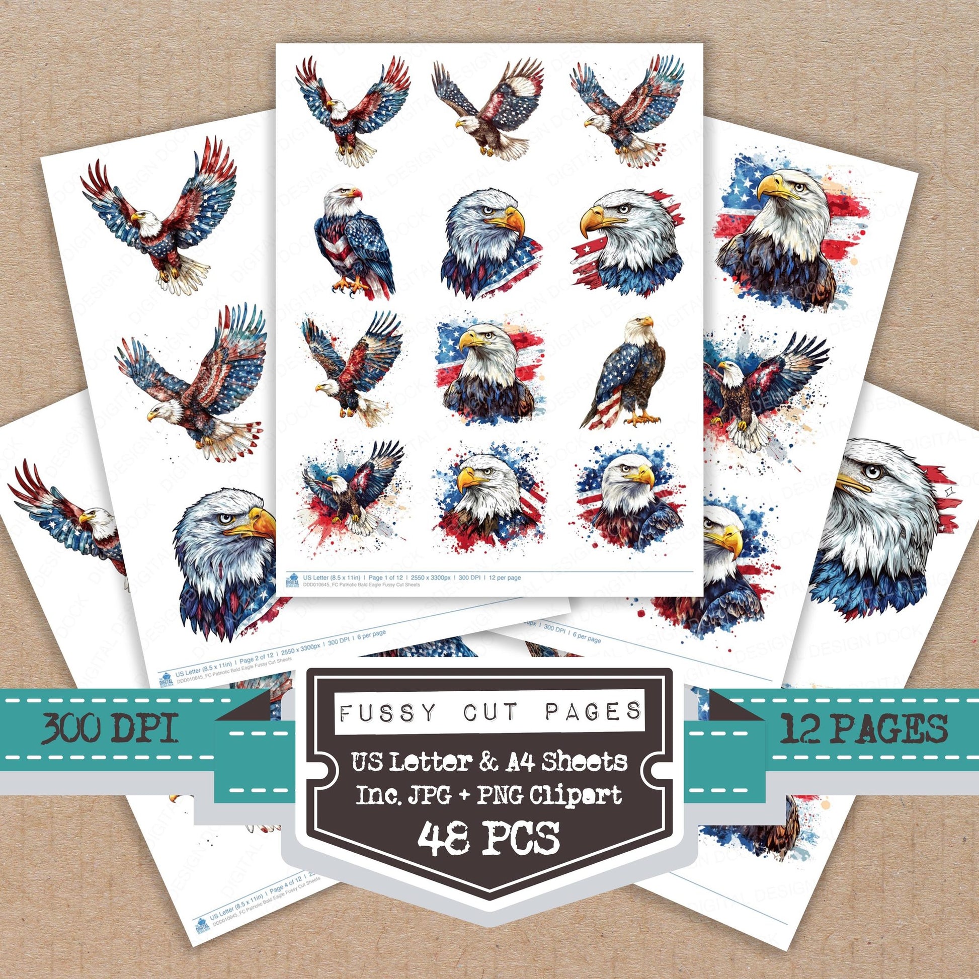 Patriotic Bald Eagle fussy cut printable sheets for junk journaling, scrapbooking, and paper craft projects