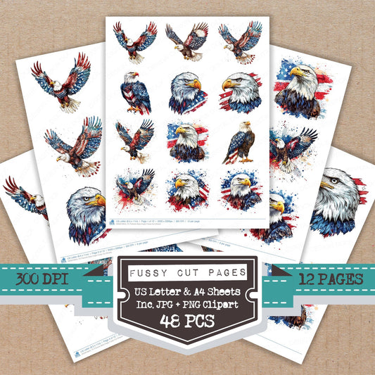 Patriotic Bald Eagle fussy cut printable sheets for junk journaling, scrapbooking, and paper craft projects