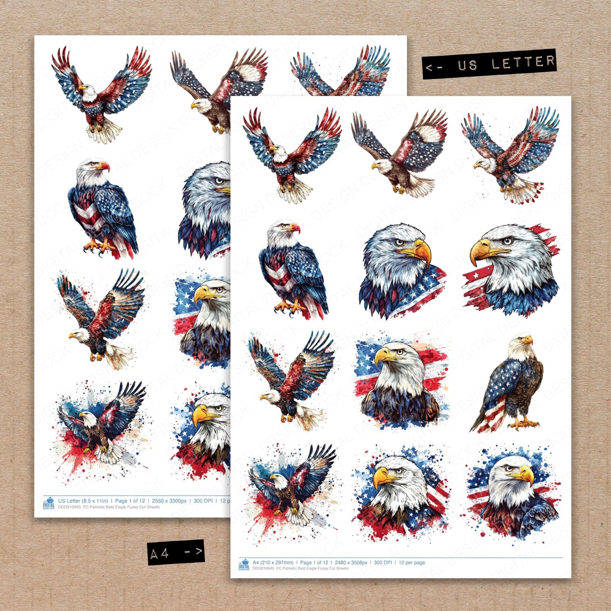 A4 and US Letter format comparison showing Patriotic Bald Eagle fussy cut pages for print and cut crafting