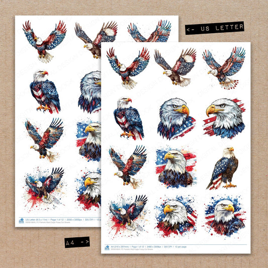 A4 and US Letter format comparison showing Patriotic Bald Eagle fussy cut pages for print and cut crafting