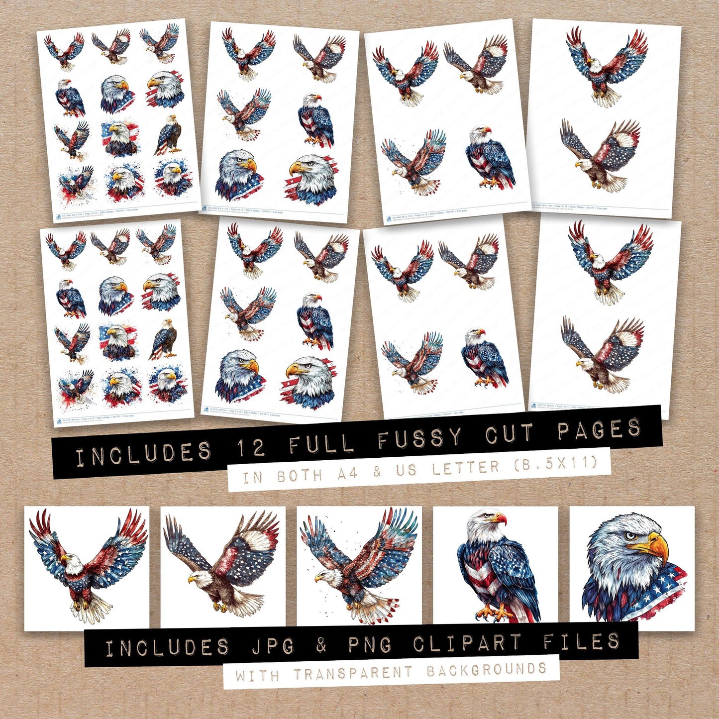 Full collection view of Patriotic Bald Eagle fussy cut sheets with bonus clipart JPG and PNG files