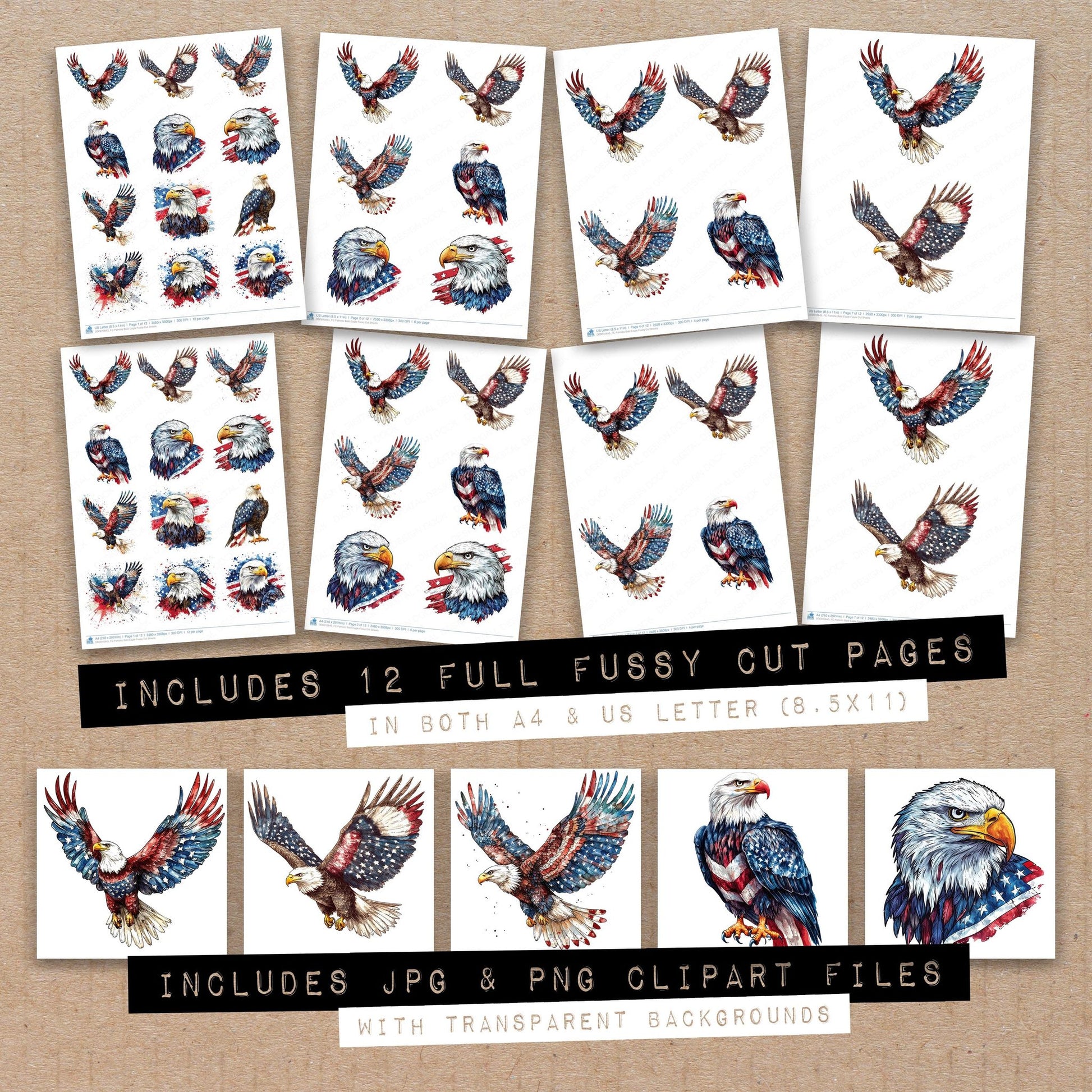 Full collection view of Patriotic Bald Eagle fussy cut sheets with bonus clipart JPG and PNG files