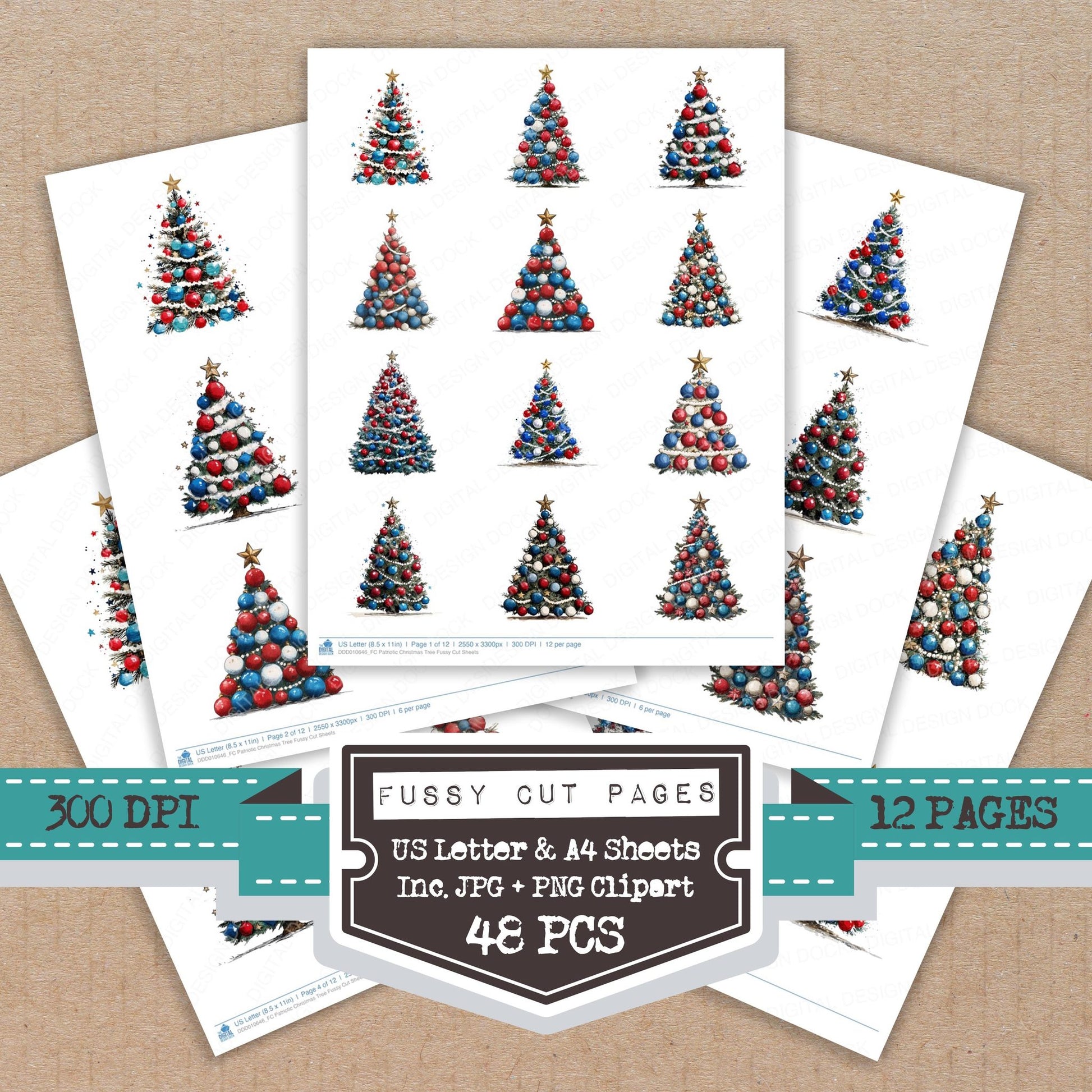 Patriotic Christmas Tree fussy cut printable sheets for junk journaling, scrapbooking, and paper craft projects
