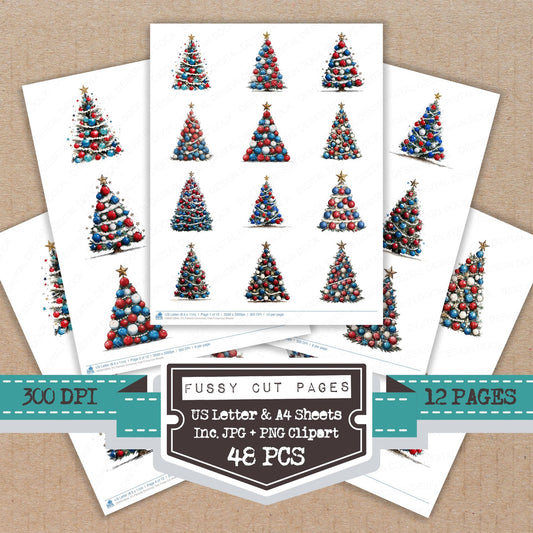 Patriotic Christmas Tree fussy cut printable sheets for junk journaling, scrapbooking, and paper craft projects