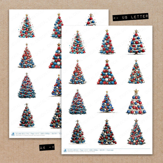 A4 and US Letter format comparison showing Patriotic Christmas Tree fussy cut pages for print and cut crafting
