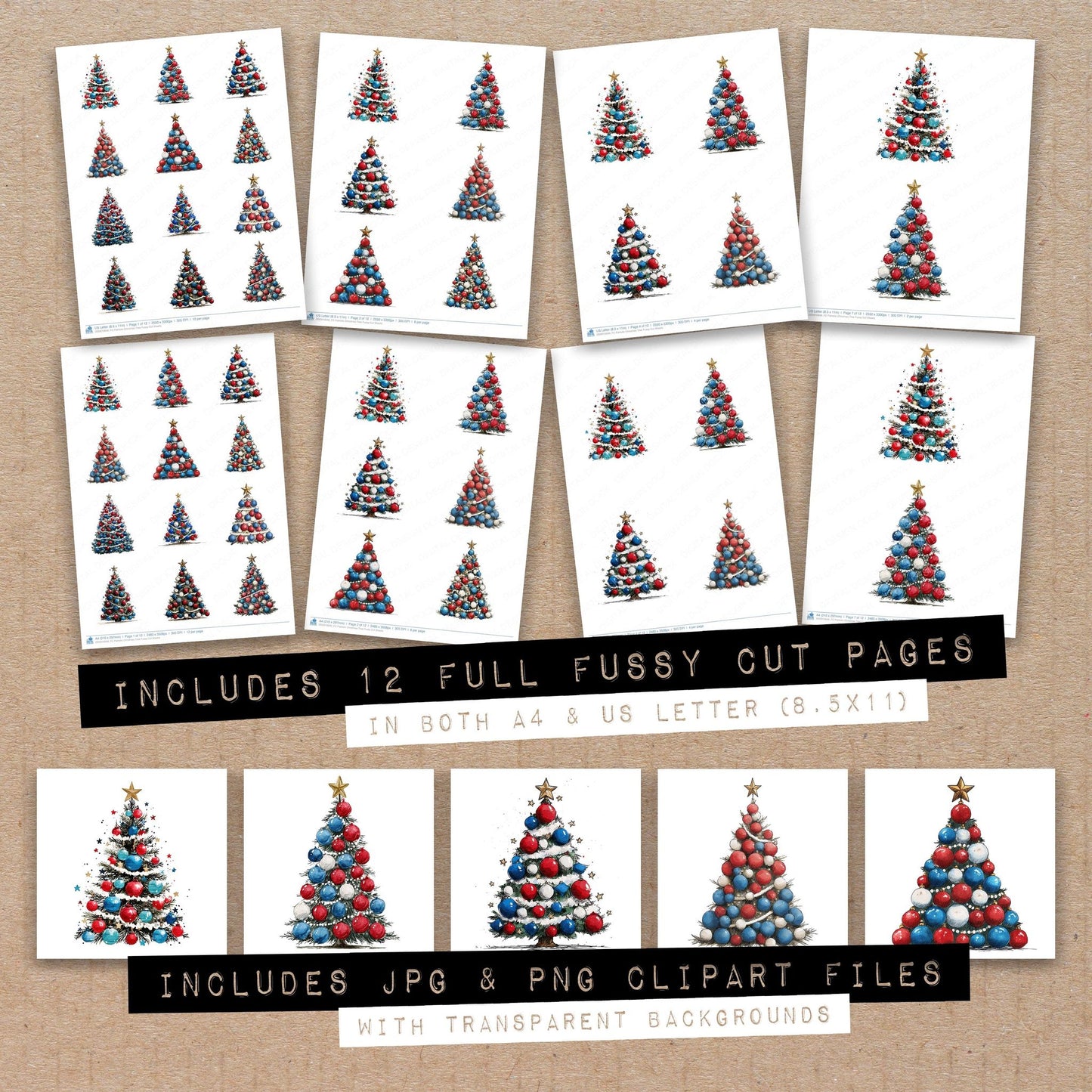 Full collection view of Patriotic Christmas Tree fussy cut sheets with bonus clipart JPG and PNG files