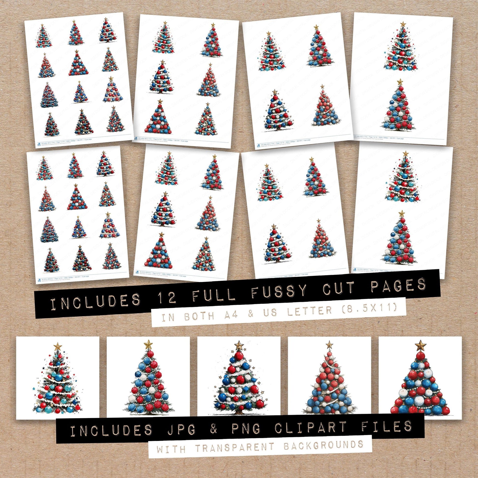 Full collection view of Patriotic Christmas Tree fussy cut sheets with bonus clipart JPG and PNG files
