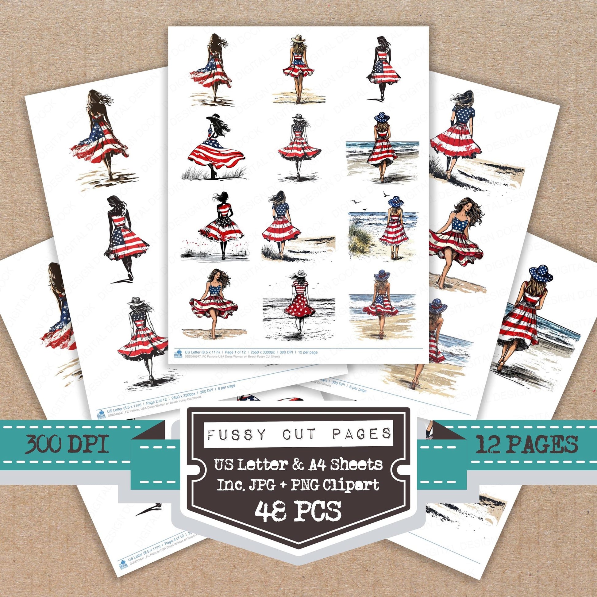 Patriotic USA Dress Woman on Beach fussy cut printable sheets for junk journaling, scrapbooking, and paper craft projects