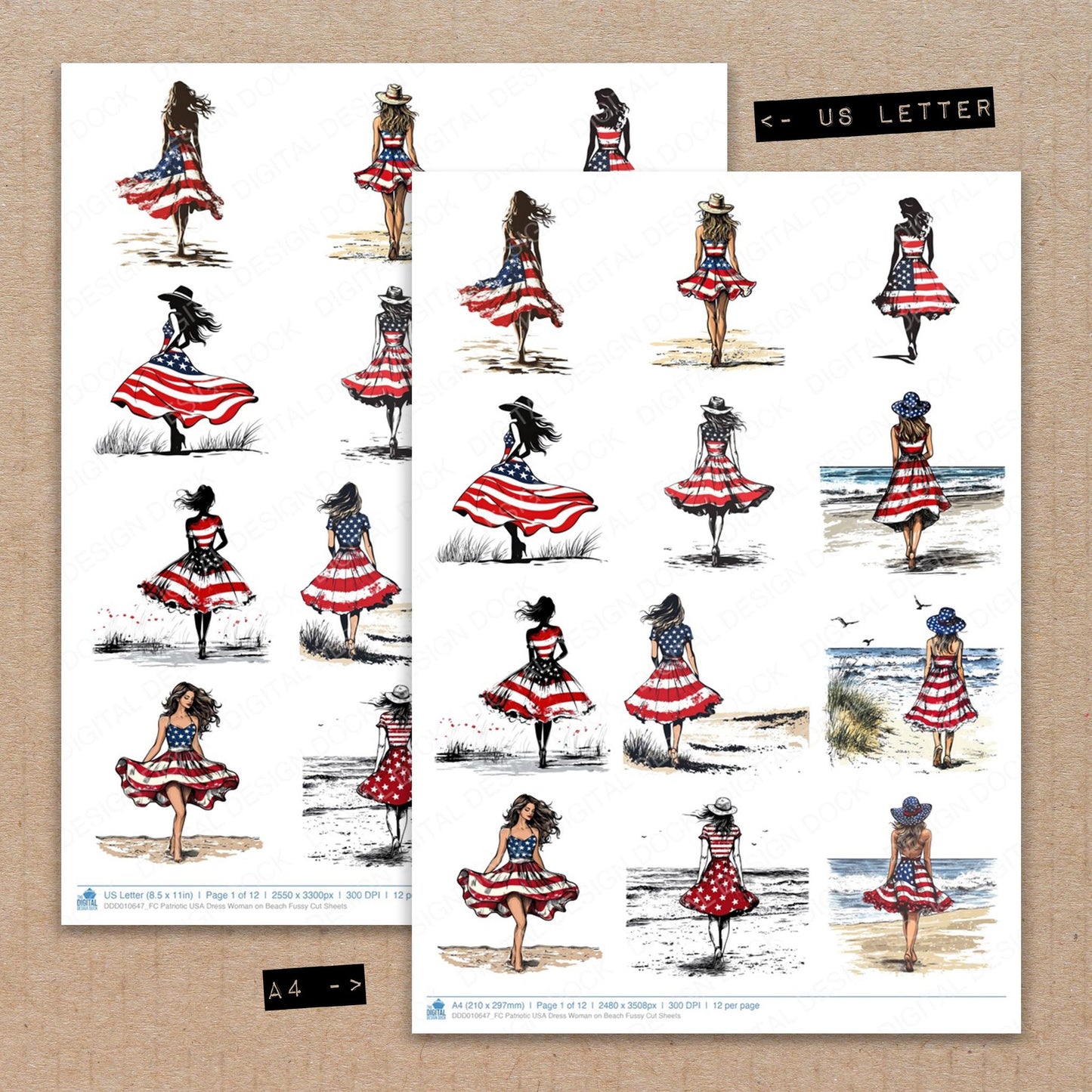 A4 and US Letter format comparison showing Patriotic USA Dress Woman on Beach fussy cut pages for print and cut crafting