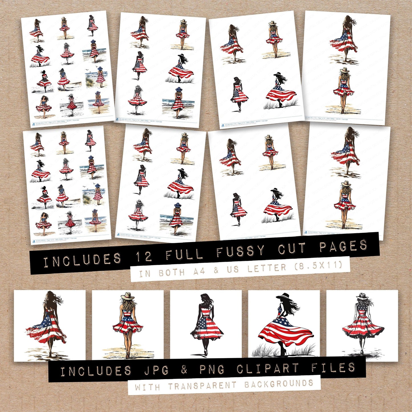 Full collection view of Patriotic USA Dress Woman on Beach fussy cut sheets with bonus clipart JPG and PNG files