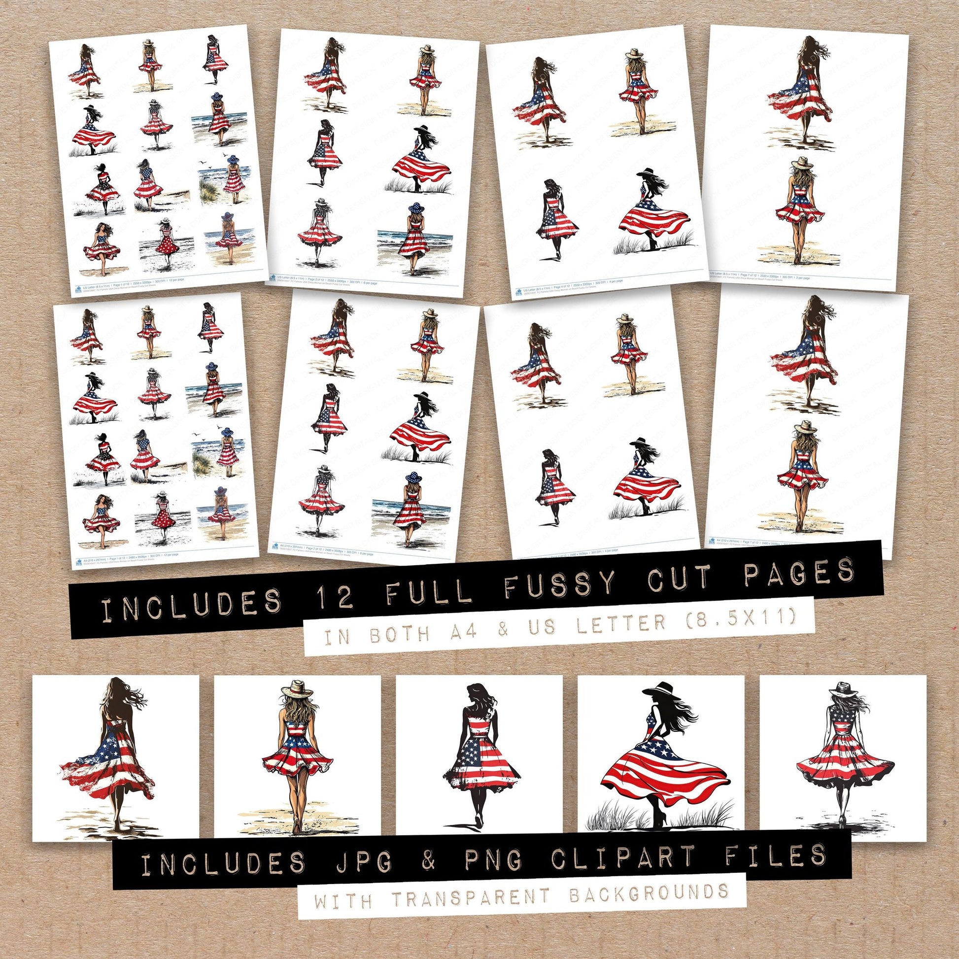 Full collection view of Patriotic USA Dress Woman on Beach fussy cut sheets with bonus clipart JPG and PNG files