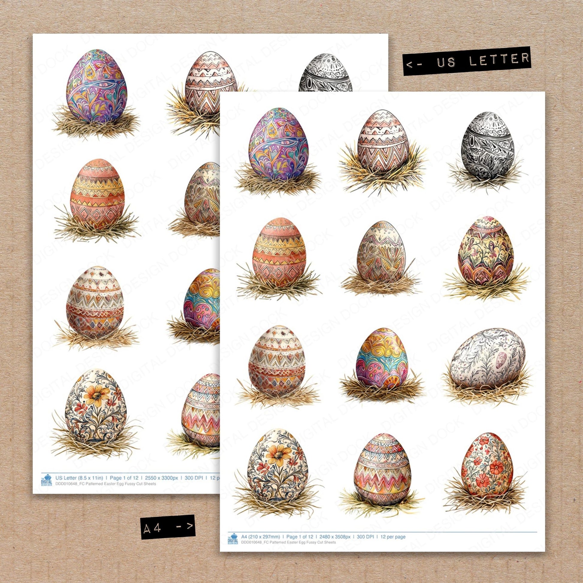 A4 and US Letter format comparison showing Patterned Easter Egg fussy cut pages for print and cut crafting