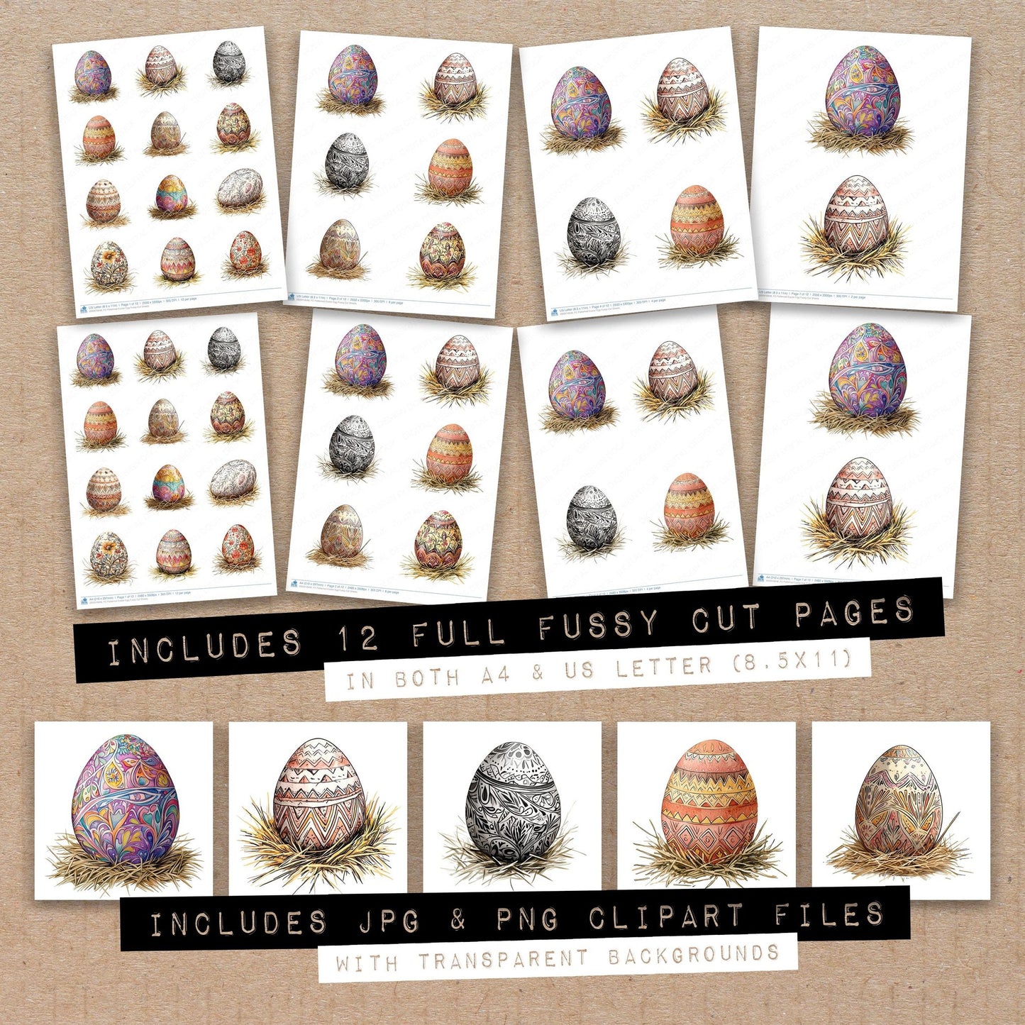 Full collection view of Patterned Easter Egg fussy cut sheets with bonus clipart JPG and PNG files