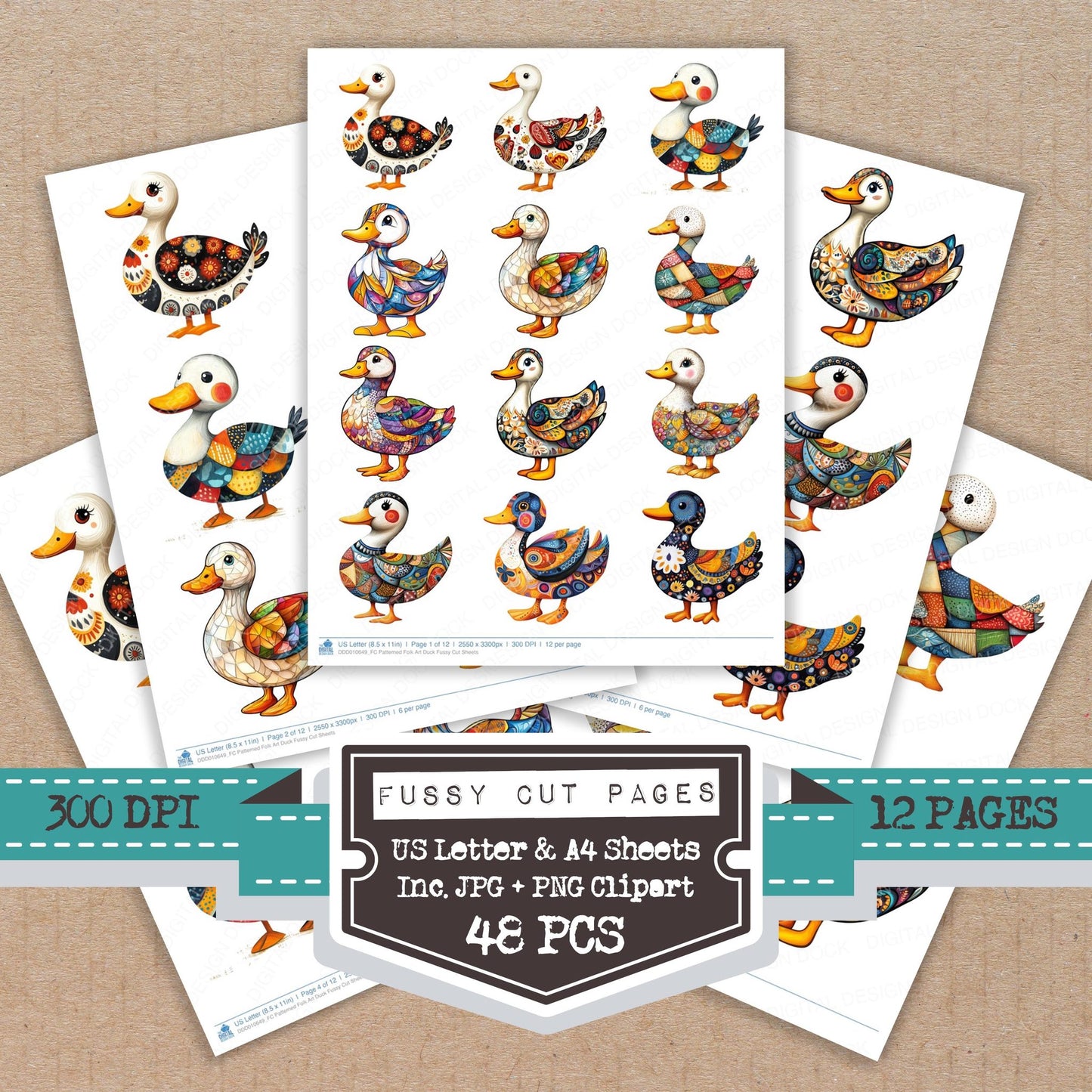 Patterned Folk Art Duck fussy cut printable sheets for junk journaling, scrapbooking, and paper craft projects