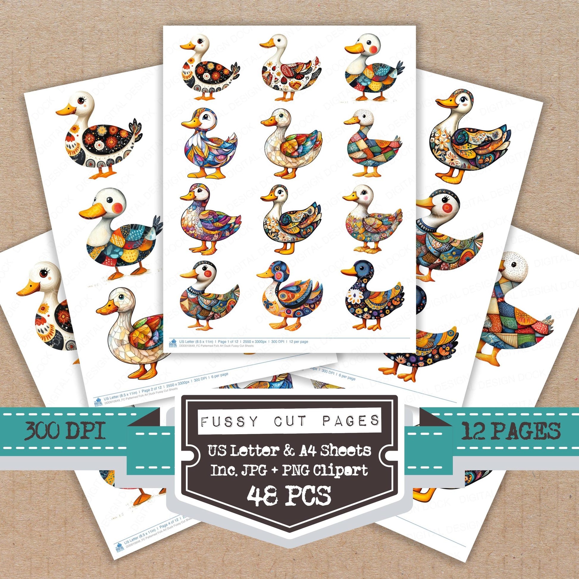 Patterned Folk Art Duck fussy cut printable sheets for junk journaling, scrapbooking, and paper craft projects