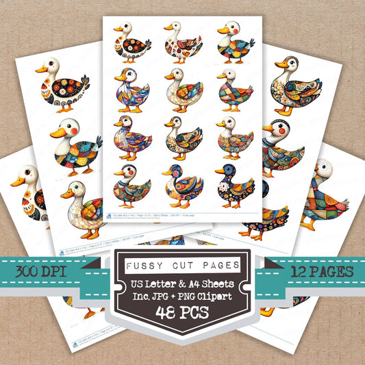 Patterned Folk Art Duck fussy cut printable sheets for junk journaling, scrapbooking, and paper craft projects