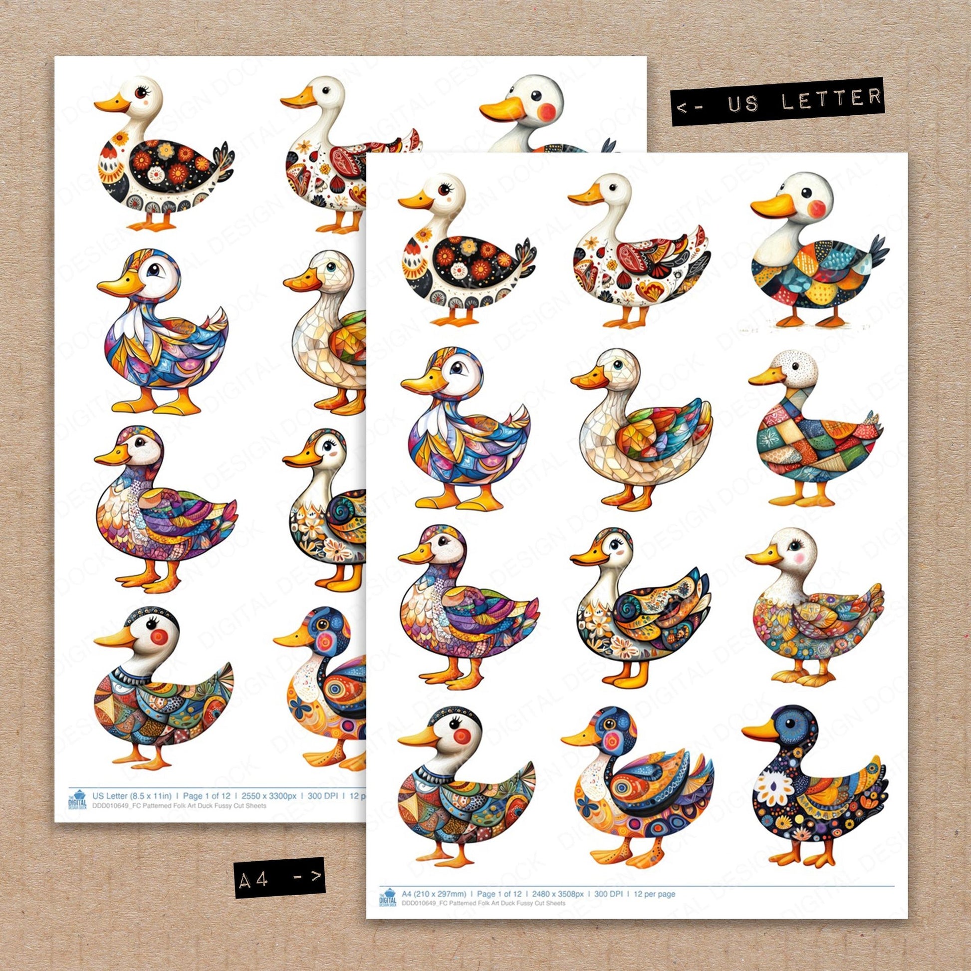 A4 and US Letter format comparison showing Patterned Folk Art Duck fussy cut pages for print and cut crafting