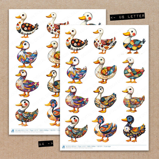 A4 and US Letter format comparison showing Patterned Folk Art Duck fussy cut pages for print and cut crafting