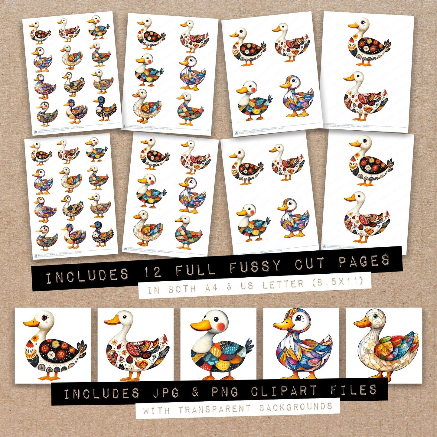 Full collection view of Patterned Folk Art Duck fussy cut sheets with bonus clipart JPG and PNG files