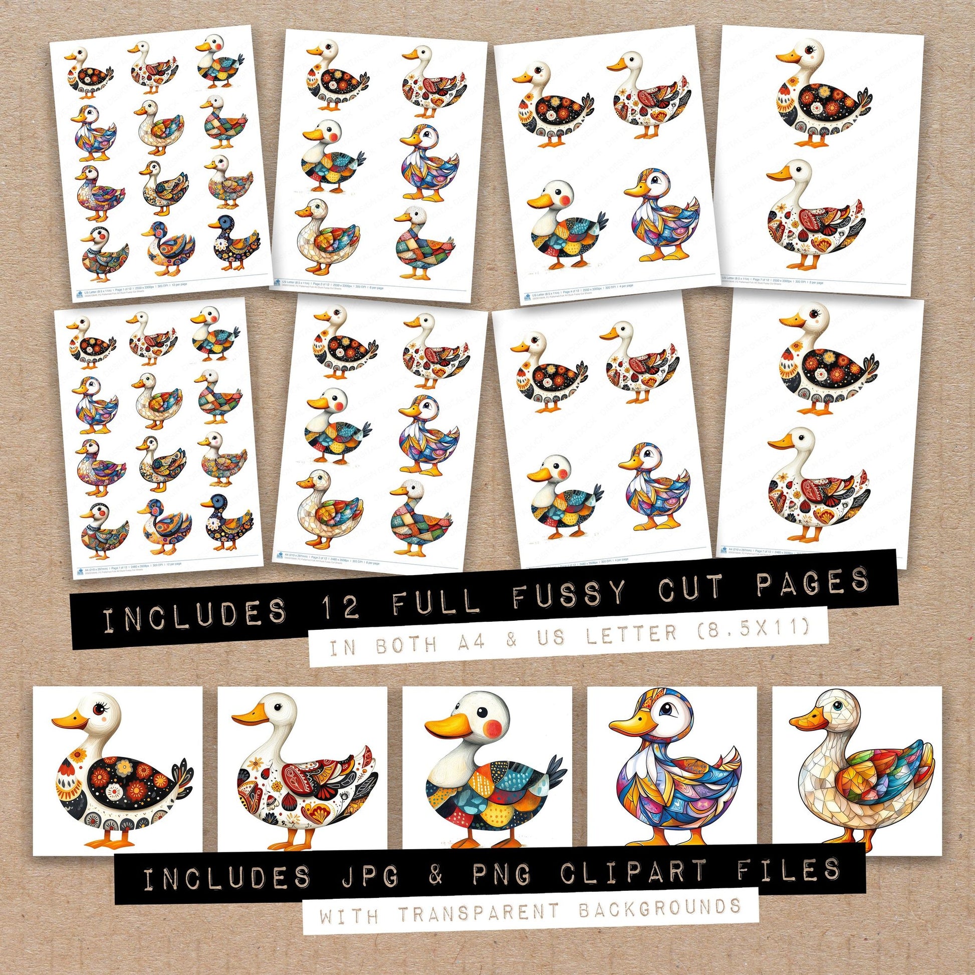Full collection view of Patterned Folk Art Duck fussy cut sheets with bonus clipart JPG and PNG files