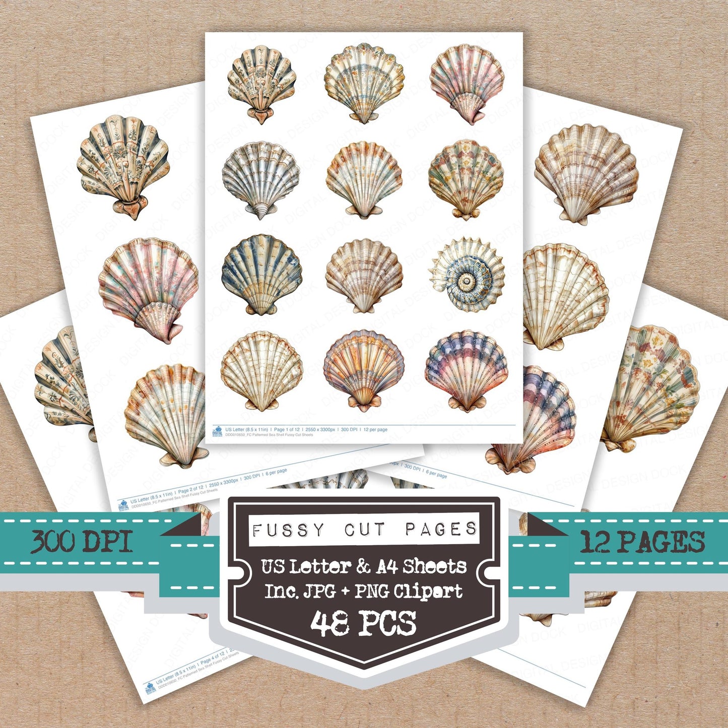 Patterned Sea Shell fussy cut printable sheets for junk journaling, scrapbooking, and paper craft projects
