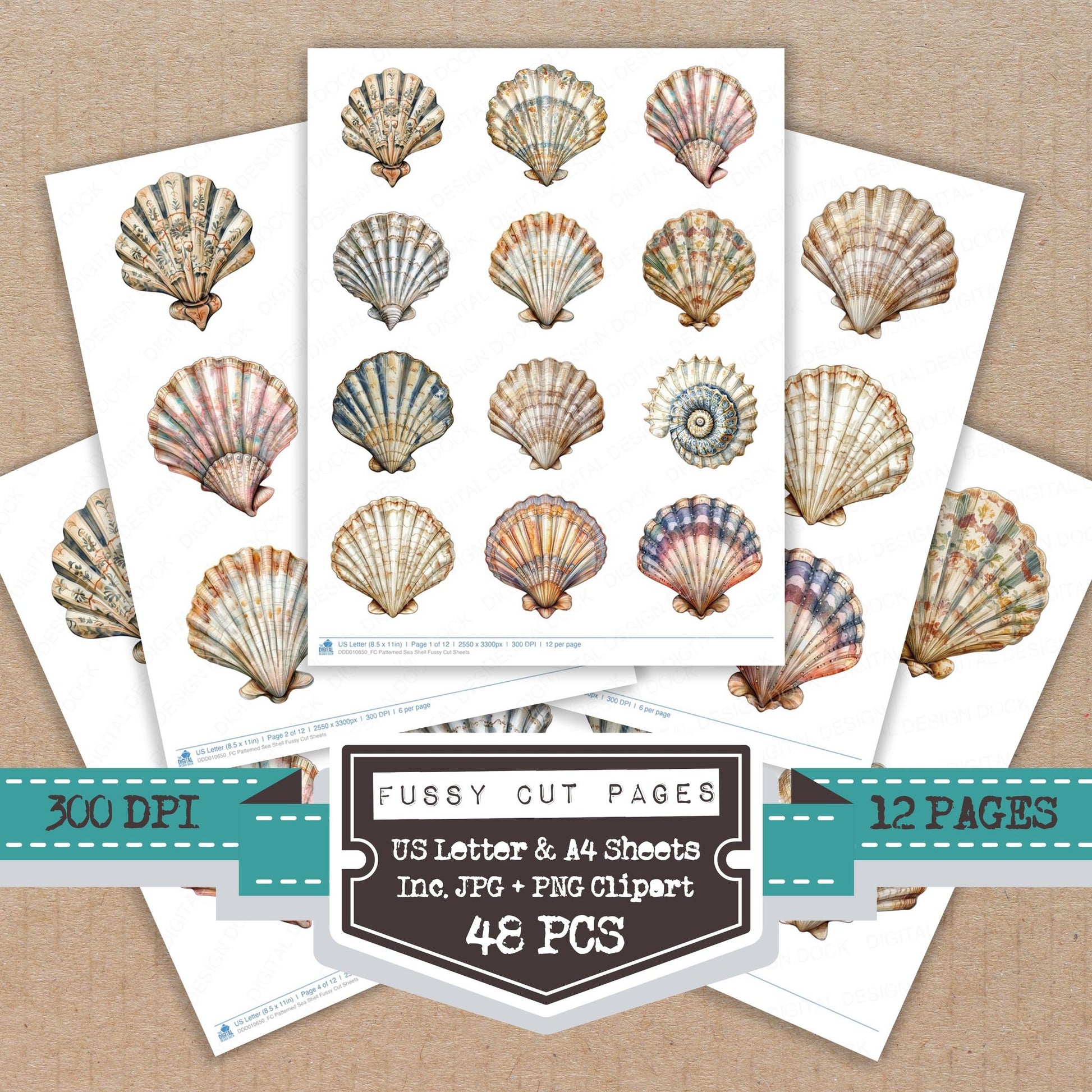 Patterned Sea Shell fussy cut printable sheets for junk journaling, scrapbooking, and paper craft projects
