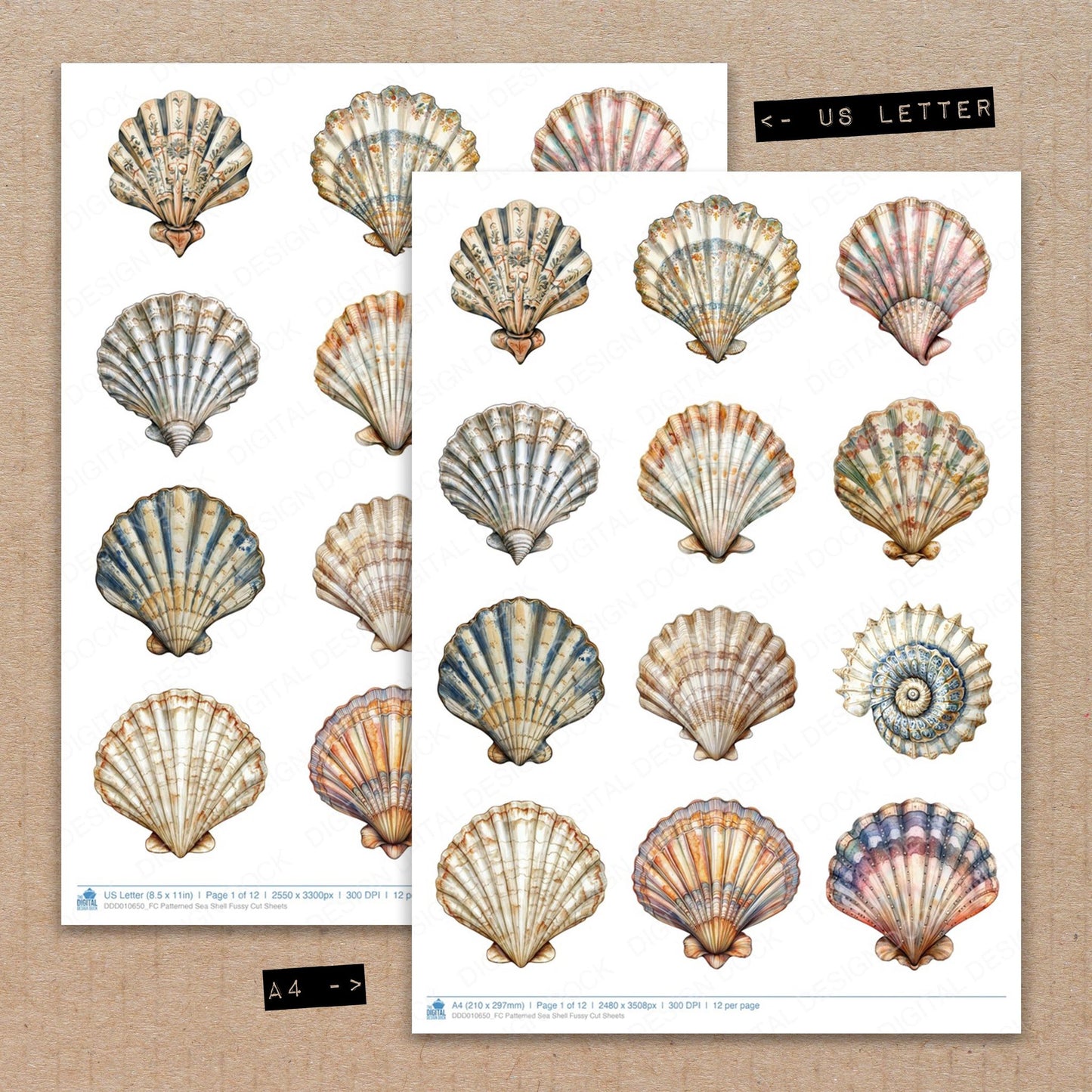 A4 and US Letter format comparison showing Patterned Sea Shell fussy cut pages for print and cut crafting