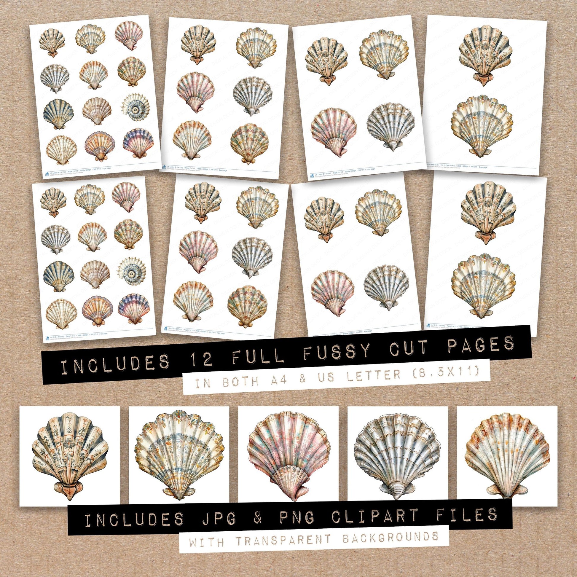 Full collection view of Patterned Sea Shell fussy cut sheets with bonus clipart JPG and PNG files