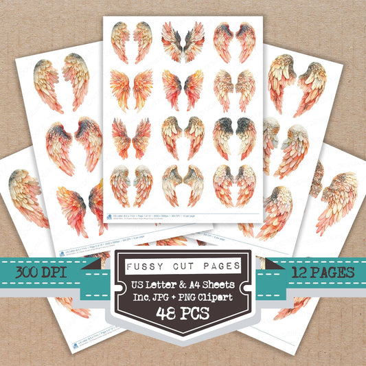 Peach Ombre Angel Wings fussy cut printable sheets for junk journaling, scrapbooking, and paper craft projects