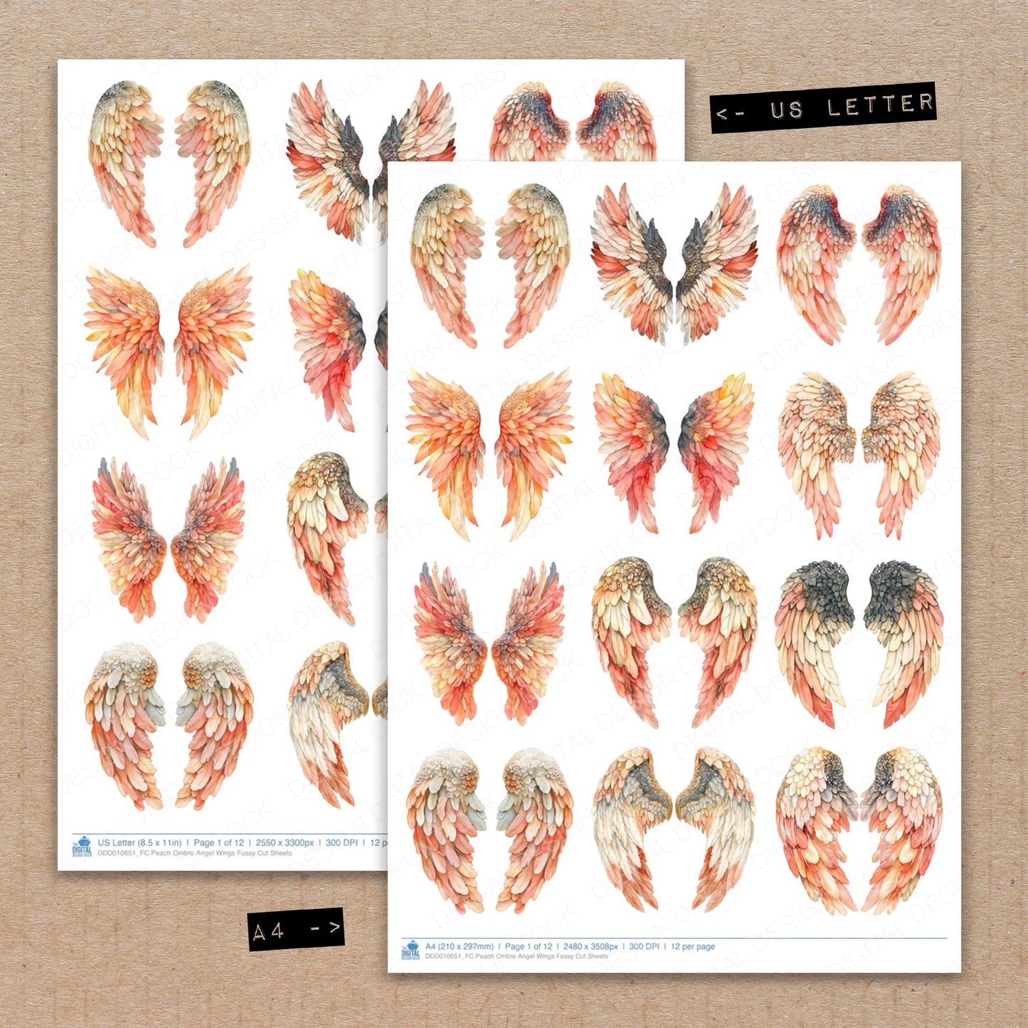 A4 and US Letter format comparison showing Peach Ombre Angel Wings fussy cut pages for print and cut crafting