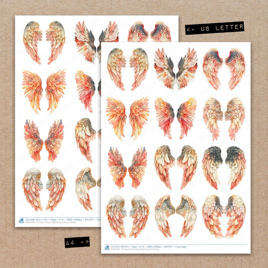 A4 and US Letter format comparison showing Peach Ombre Angel Wings fussy cut pages for print and cut crafting