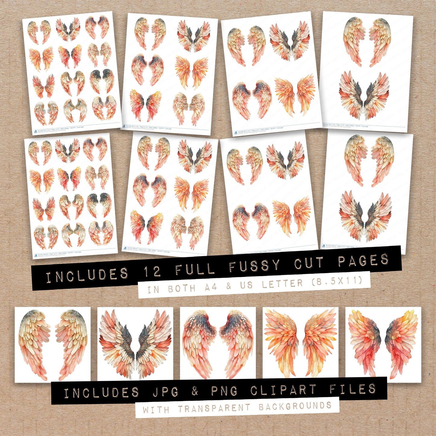 Full collection view of Peach Ombre Angel Wings fussy cut sheets with bonus clipart JPG and PNG files