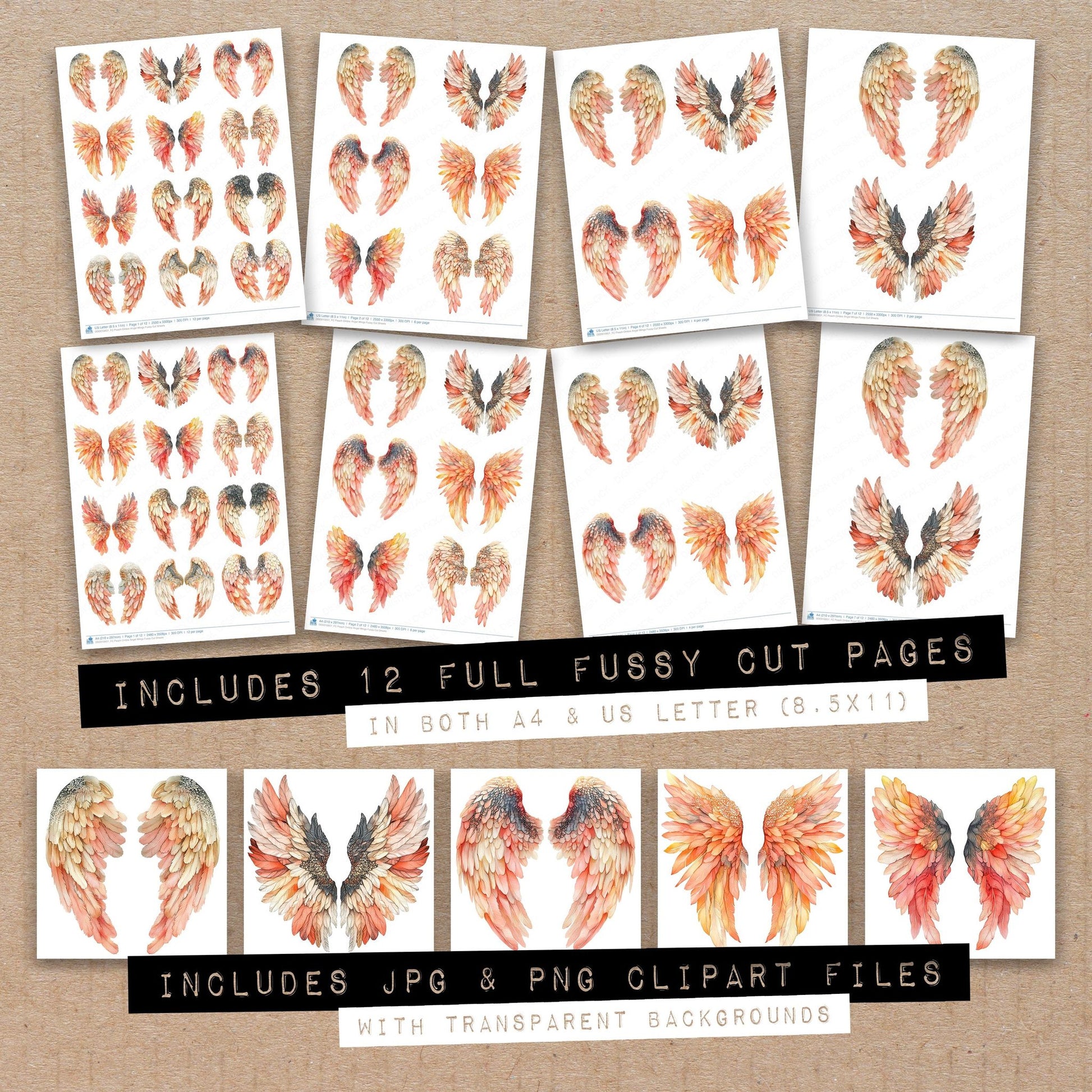Full collection view of Peach Ombre Angel Wings fussy cut sheets with bonus clipart JPG and PNG files