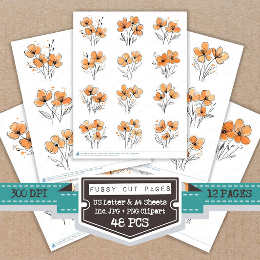 Peach Orange Abstract Flowers fussy cut printable sheets for junk journaling, scrapbooking, and paper craft projects