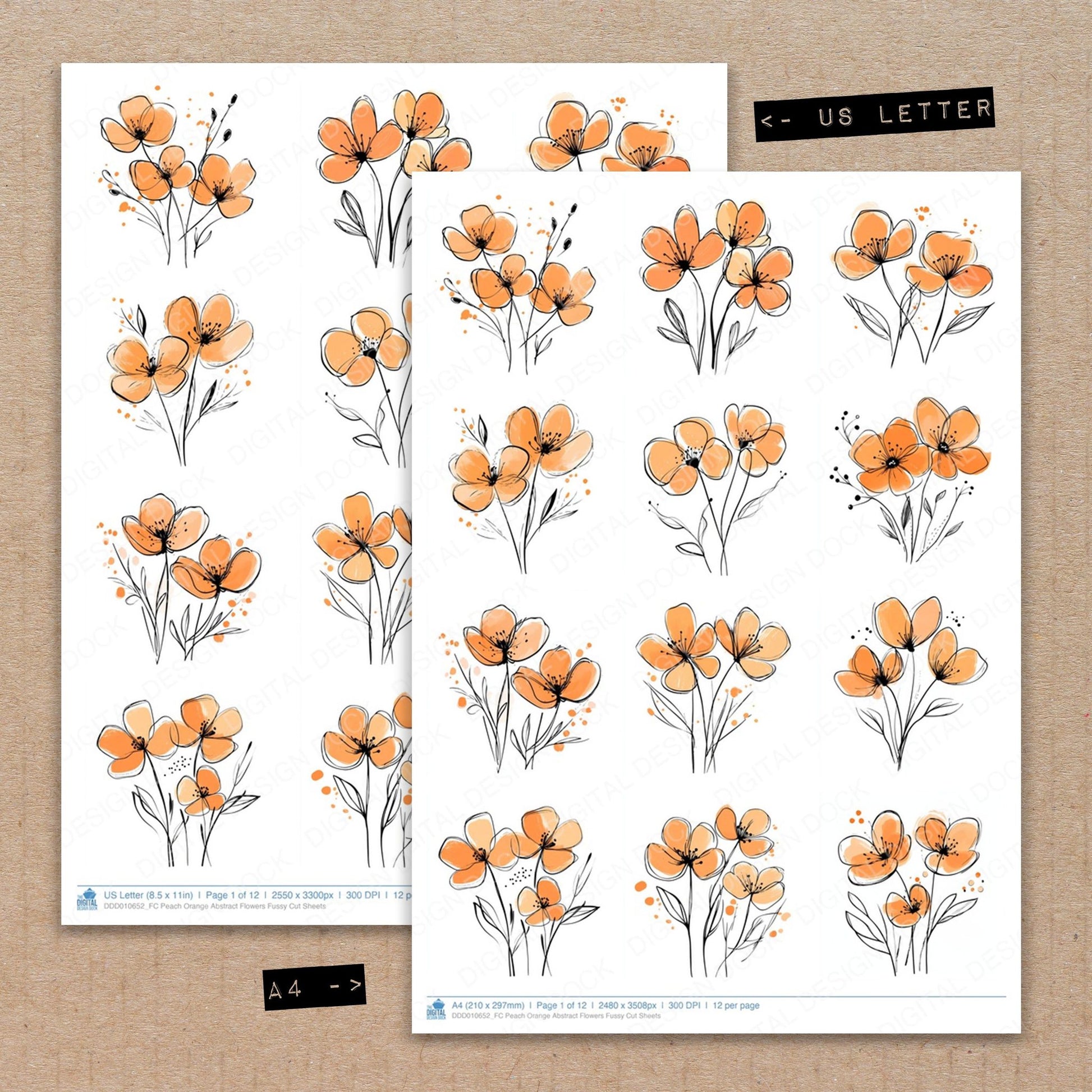 A4 and US Letter format comparison showing Peach Orange Abstract Flowers fussy cut pages for print and cut crafting