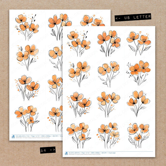 A4 and US Letter format comparison showing Peach Orange Abstract Flowers fussy cut pages for print and cut crafting