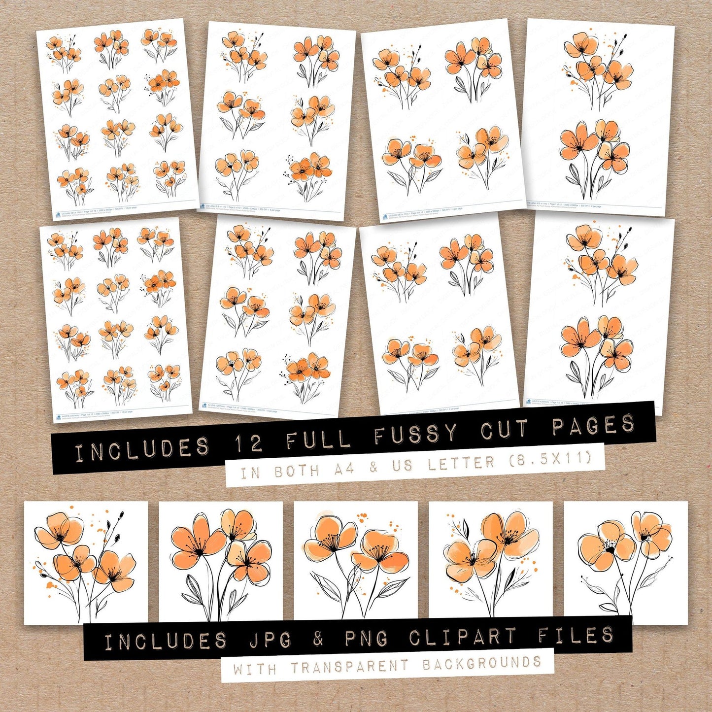 Full collection view of Peach Orange Abstract Flowers fussy cut sheets with bonus clipart JPG and PNG files