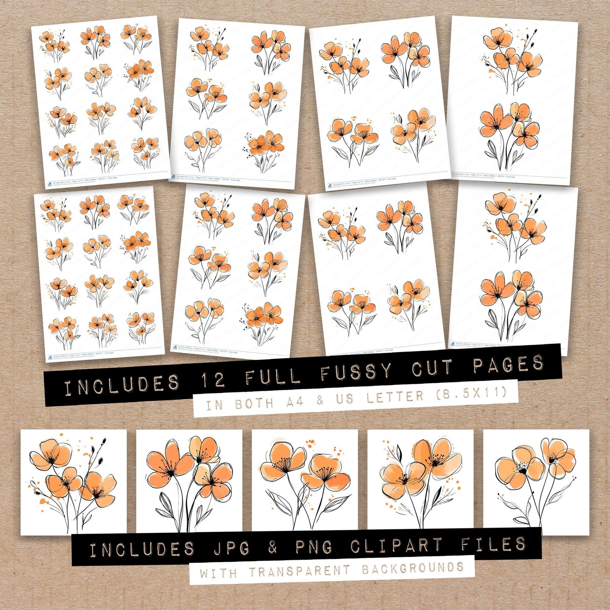Full collection view of Peach Orange Abstract Flowers fussy cut sheets with bonus clipart JPG and PNG files