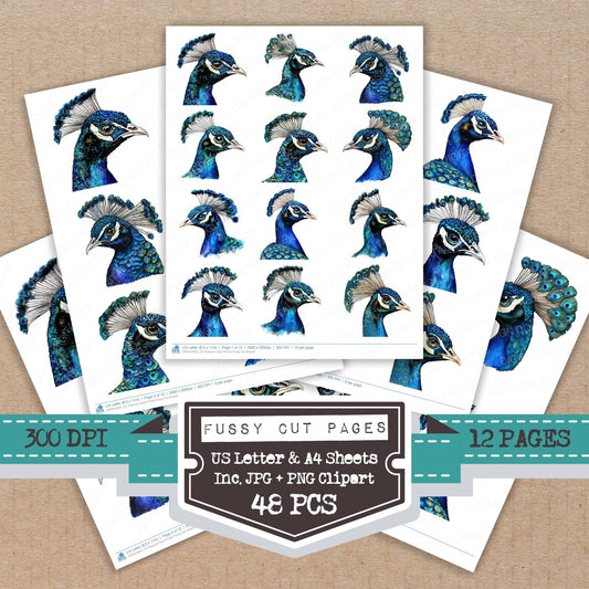 Peacock Head Profile fussy cut printable sheets for junk journaling, scrapbooking, and paper craft projects