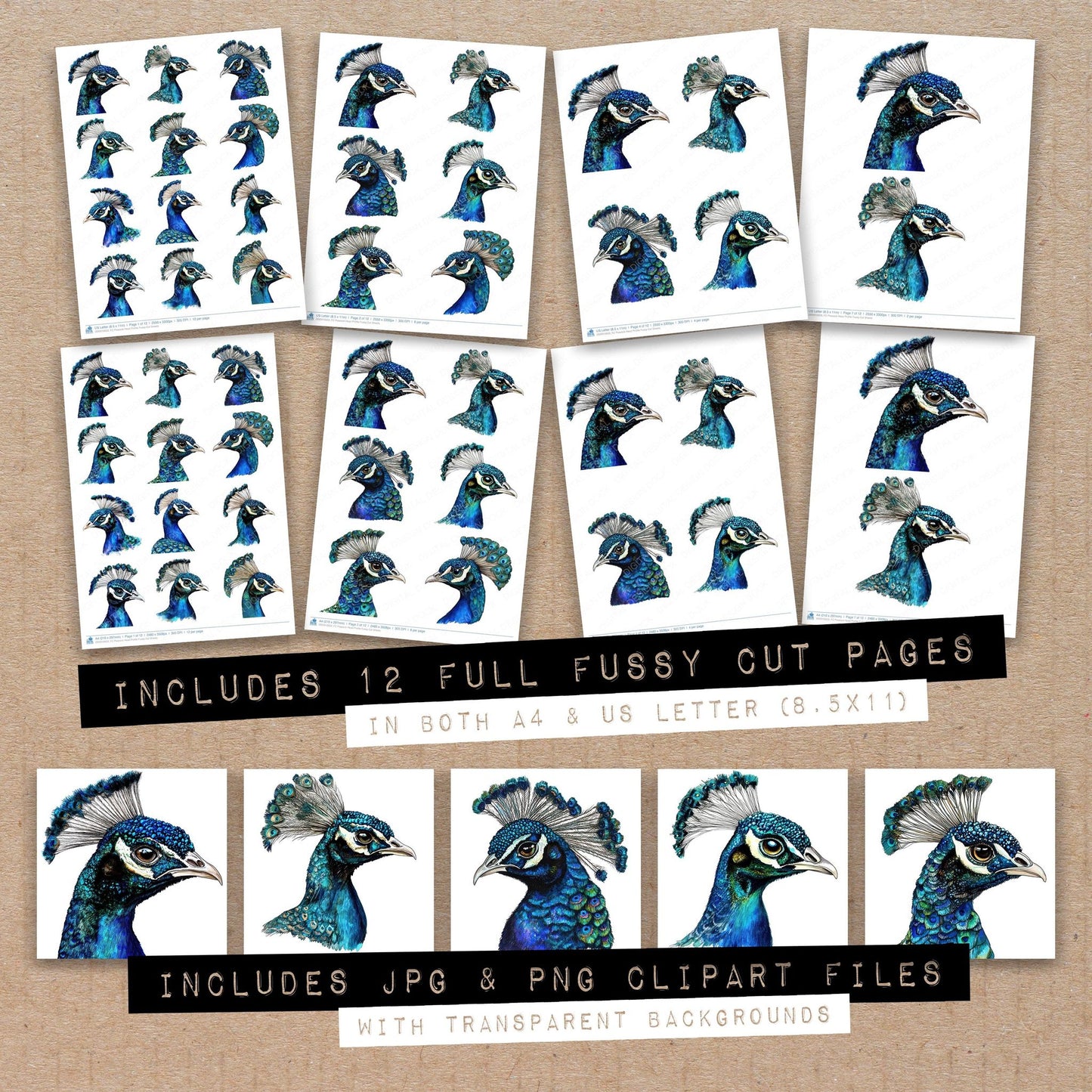 Full collection view of Peacock Head Profile fussy cut sheets with bonus clipart JPG and PNG files