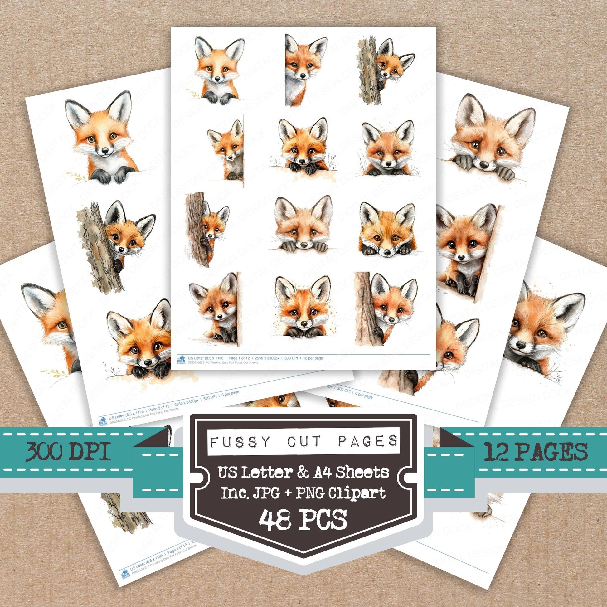 Peeking Cute Fox fussy cut printable sheets for junk journaling, scrapbooking, and paper craft projects