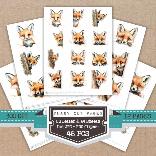 Peeking Cute Fox fussy cut printable sheets for junk journaling, scrapbooking, and paper craft projects